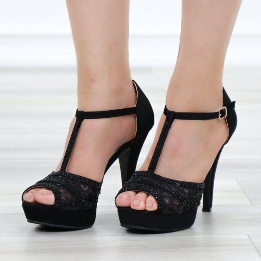 Velvet Platform T Strap Heeled Sandals Transparent Lace - Picture 9 of 9